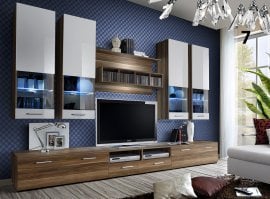 Dnevni TV regal Dorade 300 cm - LED - korpus sliva, fasad črn/bel + sliva
