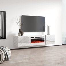 Stenska TV omarica Luxe s kaminom - bela sijaj