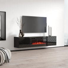 Stenska TV omarica Luxe s kaminom - črna sijaj