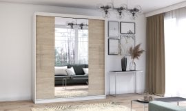 Garderobna omara z drsnimi vrati Torino z ogledalom - 203 cm - bela/sonoma hrast