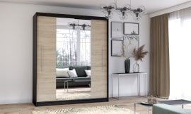 Garderobna omara z drsnimi vrati Torino z ogledalom - 203 cm - črna/sonoma hrast