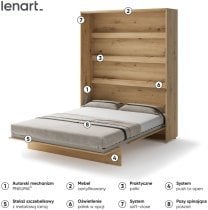 Bed Concept - Komplet postelja v omari, modro vzglavje, moder trosed, LED, vzmetnica Lenart - Bed Concept BC-12 - 160x200 cm - artisan hrast