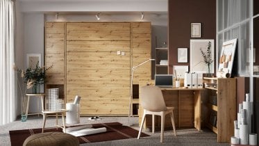 Bed Concept - Komplet postelja v omari, modro vzglavje, moder trosed, LED, vzmetnica Lenart - Bed Concept BC-12 - 160x200 cm - artisan hrast