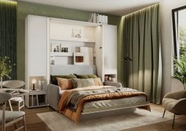 Komplet postelja v omari, bež vzglavje, bež dvosed, omare, Led, vzmetnica Bed Concept 01 - 140x200 cm - bela