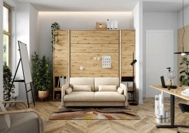 Komplet postelja v omari, bež vzglavje, bež dvosed, omare, Led, vzmetnica Bed Concept 01 - 140x200 cm - artisan hrast