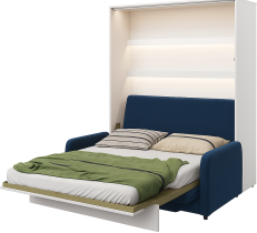 Bed Concept - Komplet postelja v omari, modro vzglavje, modri trosed, LED, vzmetnica Lenart - Bed Concept BC-12 - 160x200 cm - bela