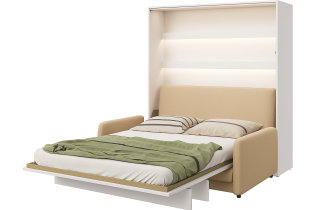 Bed Concept - Komplet postelja v omari, bež vzglavje, bež trosed, LED, vzmetnica Lenart - Bed Concept BC-12 - 160x200 cm - bela
