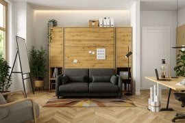 Komplet postelja v omari, grafit vzglavje, grafit dvosed, omare, Led, vzmetnica Bed Concept 01 - 140x200 cm - artisan hrast