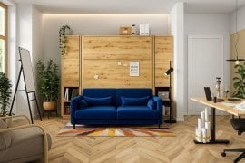 Komplet postelja v omari, modro vzglavje, moder dvosed, omare, Led, vzmetnica Bed Concept 01 - 140x200 cm - artisan hrast