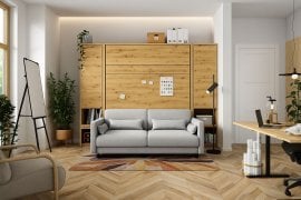 Komplet postelja v omari, sivo vzglavje, siv dvosed, omare, Led, vzmetnica Bed Concept 01 - 140x200 cm - artisan hrast