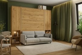 Komplet postelja v omari, sivo vzglavje, siv trosed, omare, Led, vzmetnica Bed Concept 13 - 180x200 cm - artisan hrast