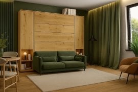 Komplet postelja v omari, zeleno vzglavje, zelen trosed, omare, Led, vzmetnica Bed Concept 13 - 180x200 cm - artisan hrast