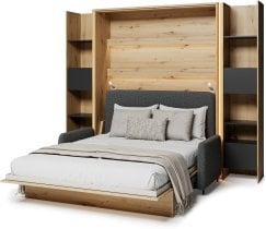 Bed Concept - Komplet postelja v omari, BC-17, BC-19 trosed, 3xLED,  2x BC-23 - artisan hrast/črn, vzmetnica Lenart - Bed Concept BC-12 - 160x200 cm - artisan/graphite