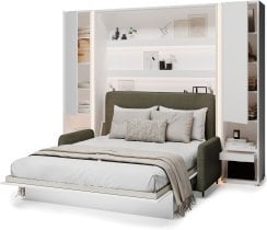 Bed Concept - Komplet postelja v omari BC-12, vzglavje BC-17, kavč BC-19, 3xLED,  omare 2x BC-07 - bele, vzmetnica - 160x200 cm - bel/zelen