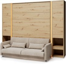 Bed Concept - Komplet postelja v omari BC-12, vzglavje BC-17, kavč BC-19, 3xLED,  omare 2x BC-07 - artisan, vzmetnica - 160x200 cm - artisan/bež