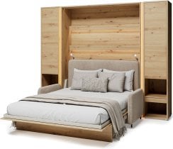Bed Concept - Komplet postelja v omari BC-12, vzglavje BC-17, kavč BC-19, 3xLED,  omare 2x BC-07 - artisan, vzmetnica - 160x200 cm - artisan/bež