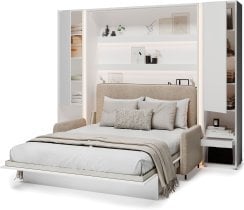 Bed Concept - Komplet postelja v omari BC-12, vzglavje BC-17, kavč BC-19, 3xLED,  omare 2x BC-07 - bele, vzmetnica - 160x200 cm - bel/bež