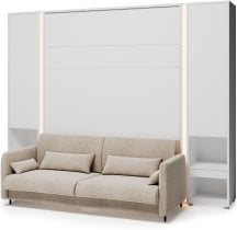 Bed Concept - Komplet postelja v omari BC-12, vzglavje BC-17, kavč BC-19, 3xLED,  omare 2x BC-07 - bele, vzmetnica - 160x200 cm - bel/bež