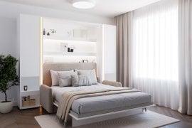 Komplet postelja v omari BC-12, vzglavje BC-17, kavč BC-19, 3xLED, omare 2x BC-07, vzmetnica - 160x200 cm - bela/bež