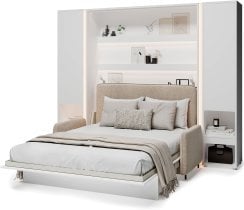 Bed Concept - Komplet postelja v omari BC-12, vzglavje BC-17, kavč BC-19, 3xLED,  omare 2x BC-07 - bele, vzmetnica - 160x200 cm - bel/bež