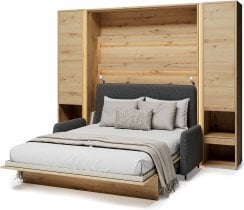 Bed Concept - Komplet postelja v omari BC-12, vzglavje BC-17, kavč BC-19, 3xLED,  omare 2x BC-07 - artisan, vzmetnica - 160x200 cm - artisan/graphite