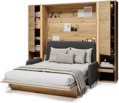 Bed Concept - Komplet postelja v omari BC-12, vzglavje BC-17, kavč BC-19, 3xLED,  omare 2x BC-07 - artisan, vzmetnica - 160x200 cm - artisan/graphite