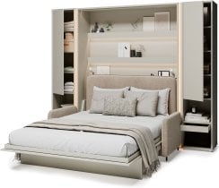 Bed Concept - Komplet postelja v omari BC-12, vzglavje BC-17, kavč BC-19, 3xLED,  omare 2x BC-07, vzmetnica - 160x200 cm - cashmir/bež