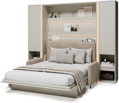 Bed Concept - Komplet postelja v omari BC-12, vzglavje BC-17, kavč BC-19, 3xLED,  omare 2x BC-07, vzmetnica - 160x200 cm - cashmir/bež