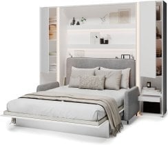 Bed Concept - Komplet postelja v omari BC-12, vzglavje BC-17, kavč BC-19, 3xLED,  omare 2x BC-07, vzmetnica - 160x200 cm - bela/siva
