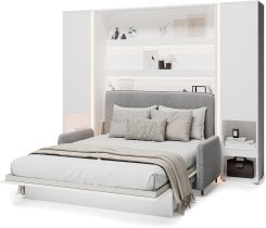 Bed Concept - Komplet postelja v omari BC-12, vzglavje BC-17, kavč BC-19, 3xLED,  omare 2x BC-07, vzmetnica - 160x200 cm - bela/siva