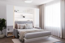 Komplet postelja v omari BC-12, vzglavje BC-17, kavč BC-19, 3xLED, omare 2x BC-07, vzmetnica - 160x200 cm - bela/siva