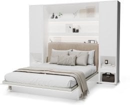 Bed Concept - Komplet postelja v omari BC-12, vzglavje BC-17, 1xLED,  omare 2x BC-07, vzmetnica - 160x200 cm - bela/bež