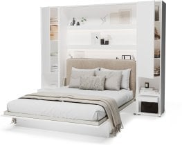 Bed Concept - Komplet postelja v omari BC-12, vzglavje BC-17, 1xLED,  omare 2x BC-07, vzmetnica - 160x200 cm - bela/bež