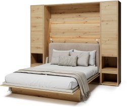 Bed Concept - Komplet postelja v omari BC-12, vzglavje BC-17, 1xLED,  omare 2x BC-07, vzmetnica - 160x200 cm - artisan/bež