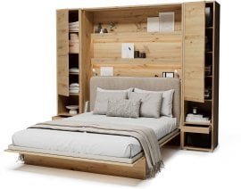 Komplet postelja v omari BC-12, vzglavje BC-17, 1xLED, omare 2x BC-07, vzmetnica - 160x200 cm - artisan/bež