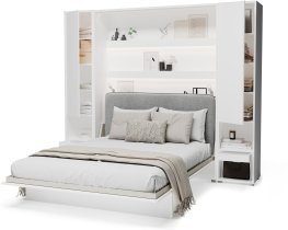 Bed Concept - Komplet postelja v omari BC-12, vzglavje BC-17, 1xLED,  omare 2x BC-07, vzmetnica - 160x200 cm - bela/siva