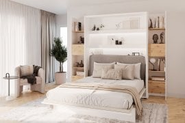 Komplet postelja v omari BC-13, vzglavje BC-33, 1xLED,  omare 2x BC-23, vzmetnica - 180x200 cm - bel/siv