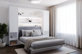 Komplet postelja v omari BC-01, vzglavje BC-16, 1xLED,  omare 2xBC-07 - bele, vzmetnica - 140x200 cm - bel/siv