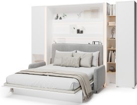 Bed Concept - Komplet postelja v omari BC-12, vzglavje BC-17, kavč BC-19, 3xLED,  omare BC-07, BC-21, BC-24 - beli, vzmetnica - 160x200 cm - bel/siv