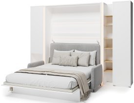 Bed Concept - Komplet postelja v omari BC-12, vzglavje BC-17, kavč BC-19, 3xLED,  omare BC-07, BC-21, BC-24 - beli, vzmetnica - 160x200 cm - bel/siv