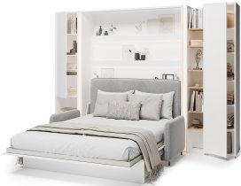 Bed Concept - Komplet postelja v omari BC-12, vzglavje BC-17, kavč BC-19, 3xLED,  omare BC-07, BC-21, BC-24 - beli, vzmetnica - 160x200 cm - bel/siv