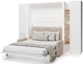 Bed Concept - Komplet postelja v omari BC-01, vzglavje BC-16, kavč BC-18, 3xLED,  omare BC-07, BC-21, BC-24 - beli, vzmetnica - 140x200 cm - bel/bež