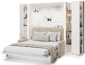 Bed Concept - Komplet postelja v omari BC-12, vzglavje BC-17, kavč BC-19, 3xLED,  omare BC-07, BC-21, BC-24 - beli, vzmetnica - 160x200 cm - bel/bež