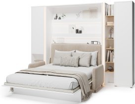 Bed Concept - Komplet postelja v omari BC-13, vzglavje BC-33, kavč BC-35, 3xLED,  omare BC-07, BC-21, BC-24 - beli, vzmetnica - 180x200 cm - bel/bež