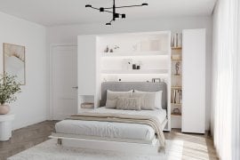 Komplet postelja v omari BC-01, vzglavje BC-16, 1xLED,  omare BC-07, BC-21, BC-24 - beli, vzmetnica - 140x200 cm - bel/siv