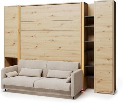 Bed Concept - Komplet postelja v omari BC-01, vzglavje BC-16, kavč BC-18, 3xLED,  omare BC-07, BC-21, BC-24 - artisan, vzmetnica - 140x200 cm - artisan hrast/bež