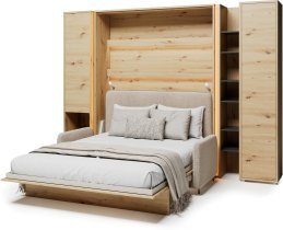 Bed Concept - Komplet postelja v omari BC-01, vzglavje BC-16, kavč BC-18, 3xLED,  omare BC-07, BC-21, BC-24 - artisan, vzmetnica - 140x200 cm - artisan hrast/bež