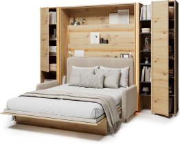 Bed Concept - Komplet postelja v omari BC-01, vzglavje BC-16, kavč BC-18, 3xLED,  omare BC-07, BC-21, BC-24 - artisan, vzmetnica - 140x200 cm - artisan hrast/bež