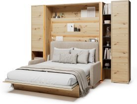 Bed Concept - Komplet postelja v omari BC-01, vzglavje BC-16, kavč BC-18, 3xLED,  omare BC-07, BC-21, BC-24 - artisan, vzmetnica - 140x200 cm - artisan hrast/bež