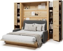 Bed Concept - Komplet postelja v omari BC-12, vzglavje BC-17, kavč BC-19, 3xLED,  omare BC-07, BC-21, BC-24 - artisan, vzmetnica - 160x200 cm - artisan hrast/grafit